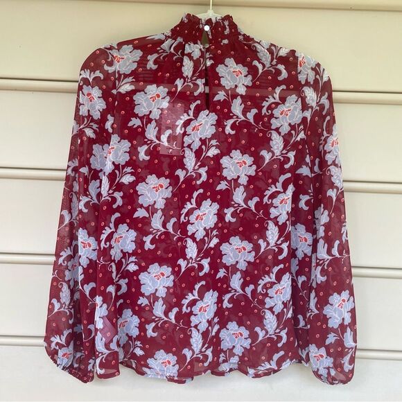 a.n.a Red Floral Sheer Smocked Blouse Long Sleeve Top Size XS NWT - Picture 6 of 10